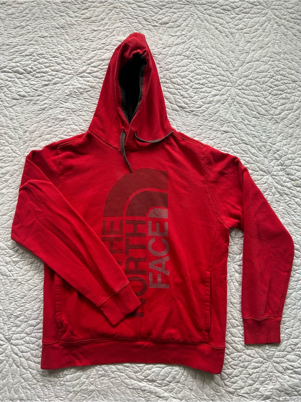 The North Face Red Hooded Pullover with Vertical Logo